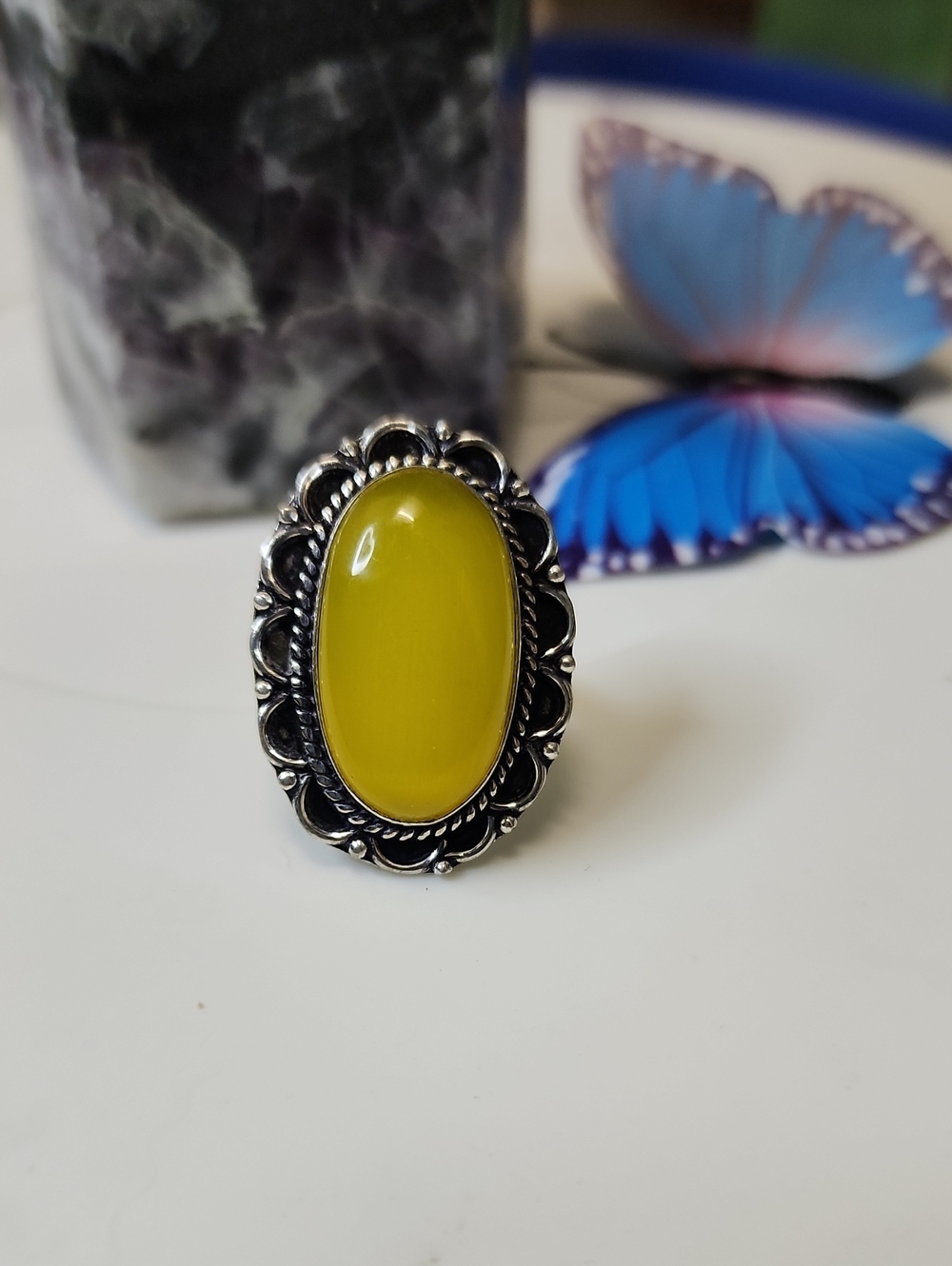 Yellow Oval Stone Silver-Tone Women's Statement Ring